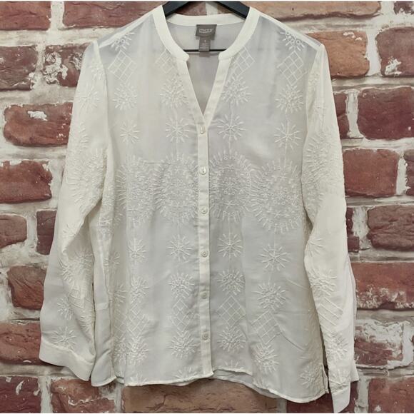 Chicos Top Women's Medium 1 Off White Boho Chic Embroidered Abstract Shirt - Picture 1 of 8